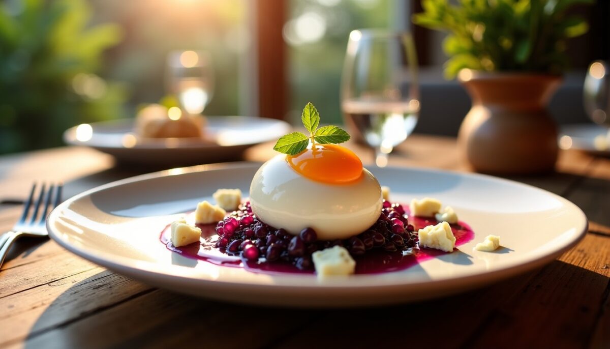 Œuf poché délicat accompagné d'un caviar d'aubergine onctueux et de fromage de brebis savoureux